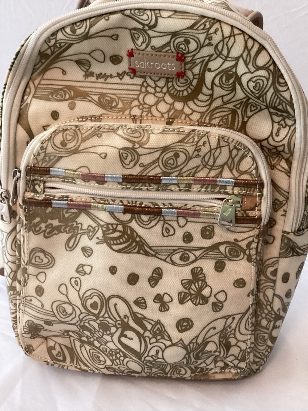 Sakroots Cream Doodle Print Backpack with Multicolor Trim
